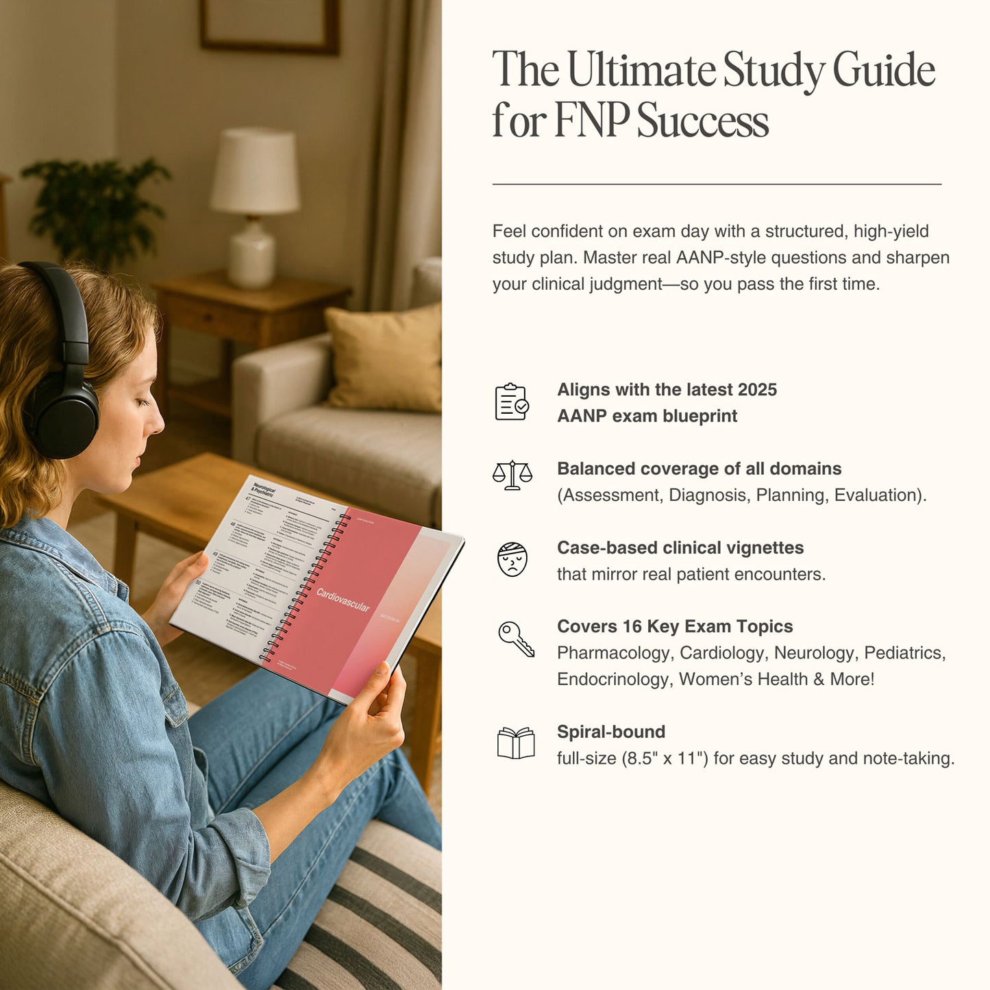 Student using Confident Nurse AANP study guide for FNP success – spiral-bound, 16-topic review aligned with 2025 exam blueprint, including clinical case vignettes.