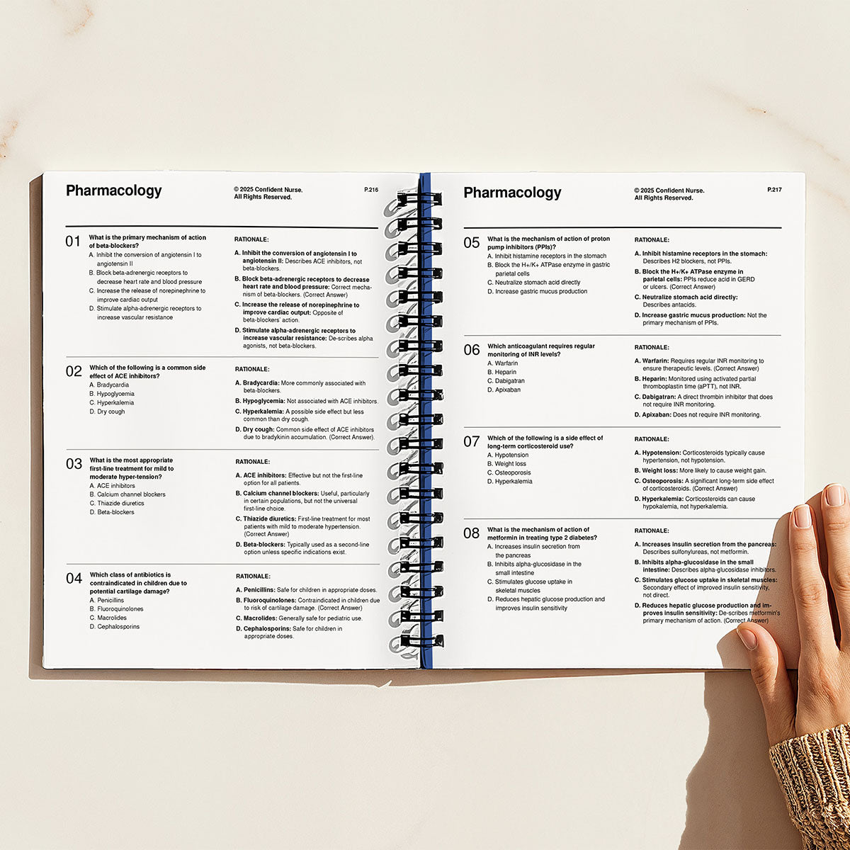 Open page spread of AANP pharmacology practice questions with detailed answer rationales for nurse practitioner board exam prep.