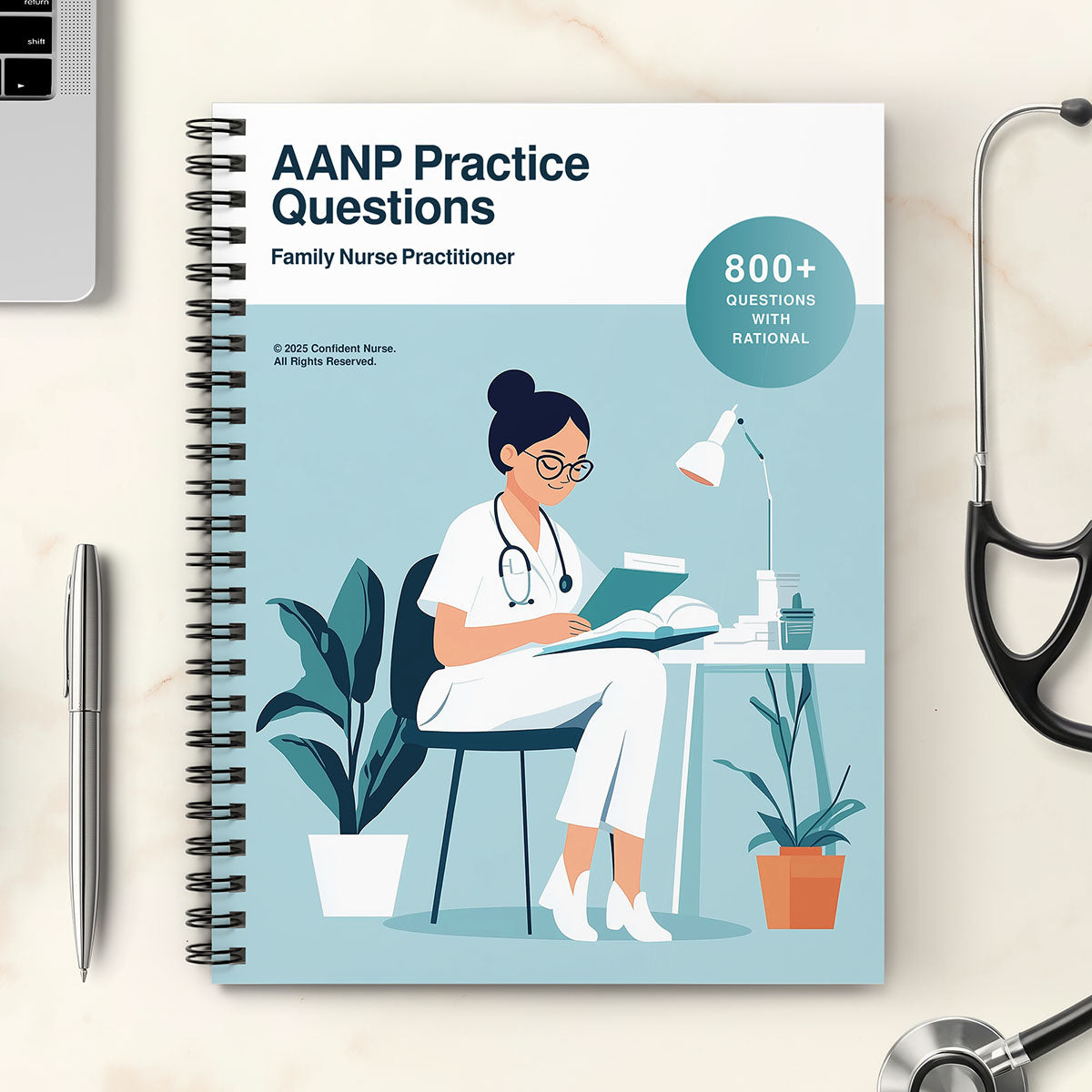 AANP Practice Questions book cover for Family Nurse Practitioner exam – includes 800+ questions with rationales, digital study guide by Confident Nurse.
