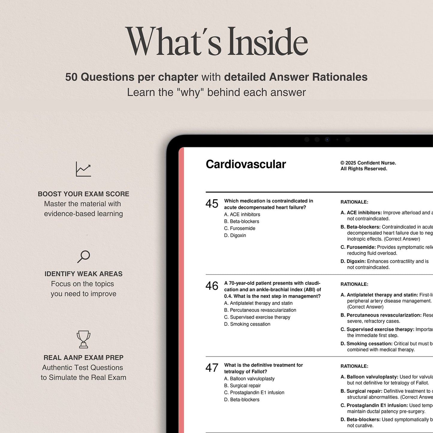 Cardiovascular chapter preview from Confident Nurse AANP study guide – shows sample questions with answer rationales and features like exam prep tips and topic targeting.