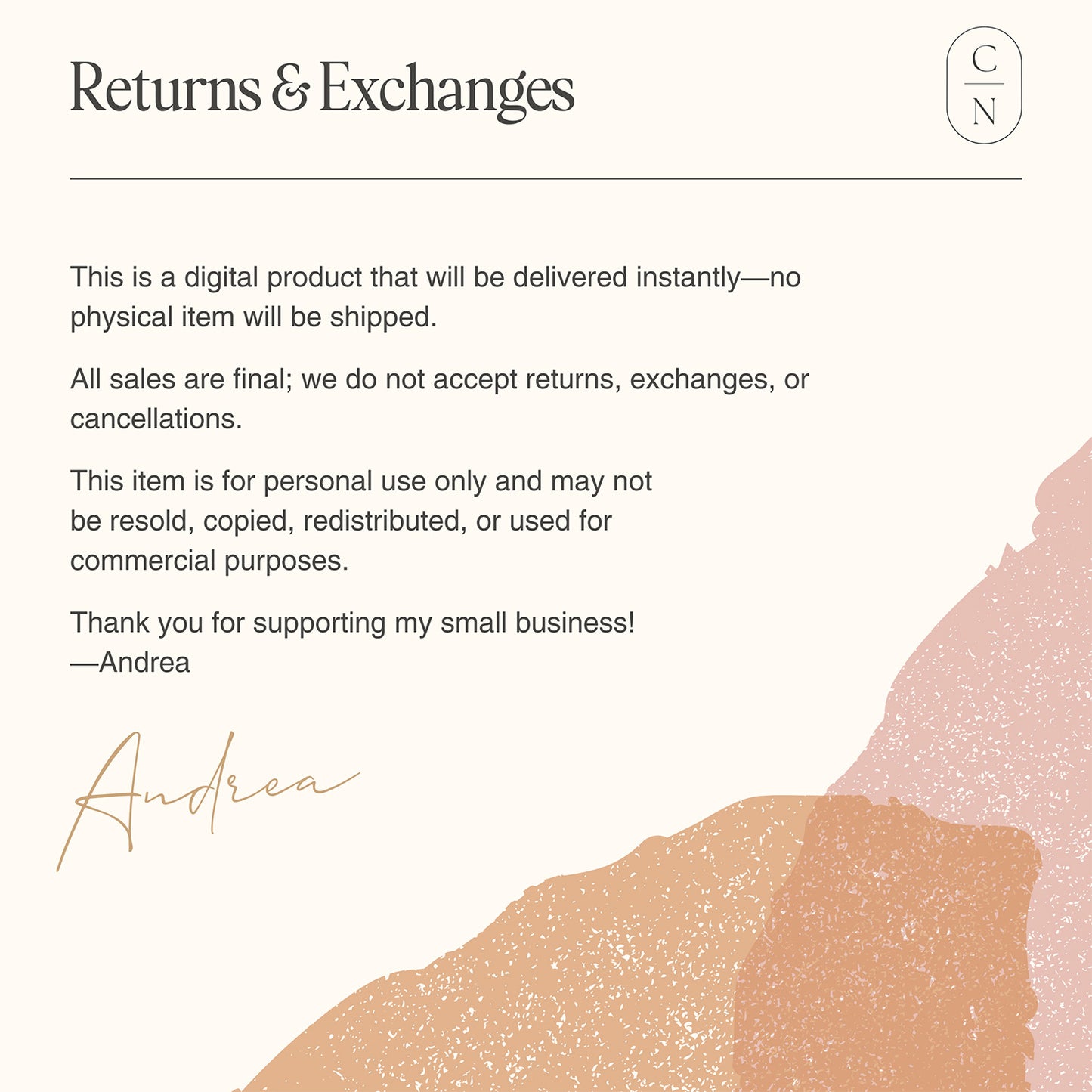 Returns and exchanges policy for Confident Nurse digital products – all sales final, no physical item shipped, personal use only.