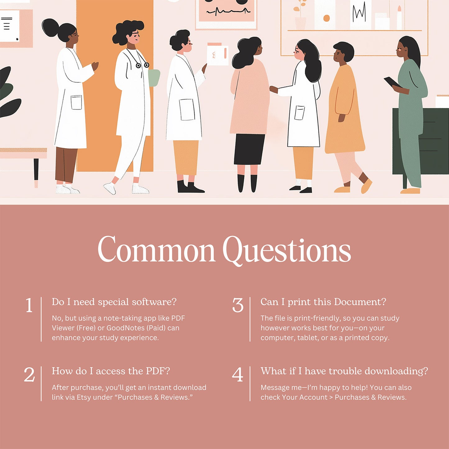 FAQs for PMHNP digital study guide including how to access, print, and use with apps like GoodNotes or PDF Viewer.