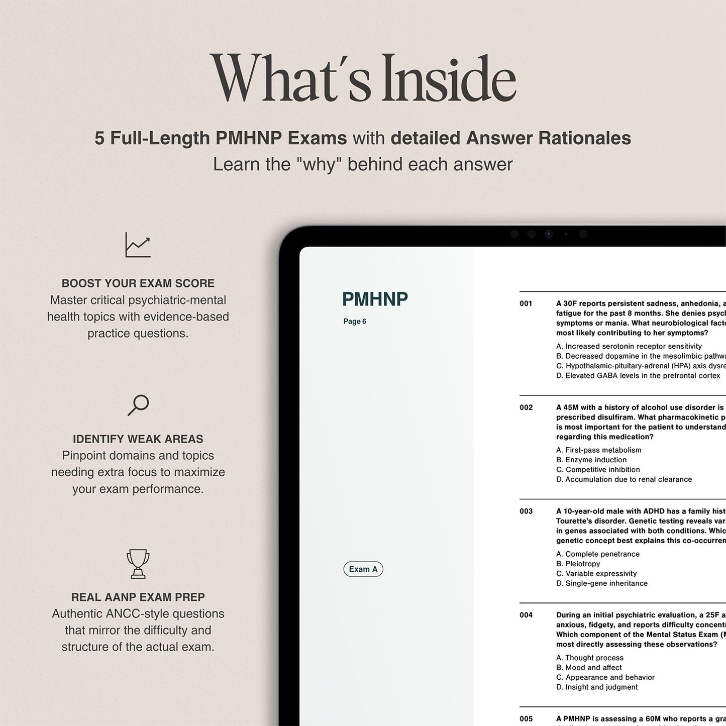 Inside look at PMHNP exam bundle – 5 full-length exams with detailed answer rationales, ANCC-style questions, and tools to identify weak areas. Designed to boost nurse practitioner exam performance.