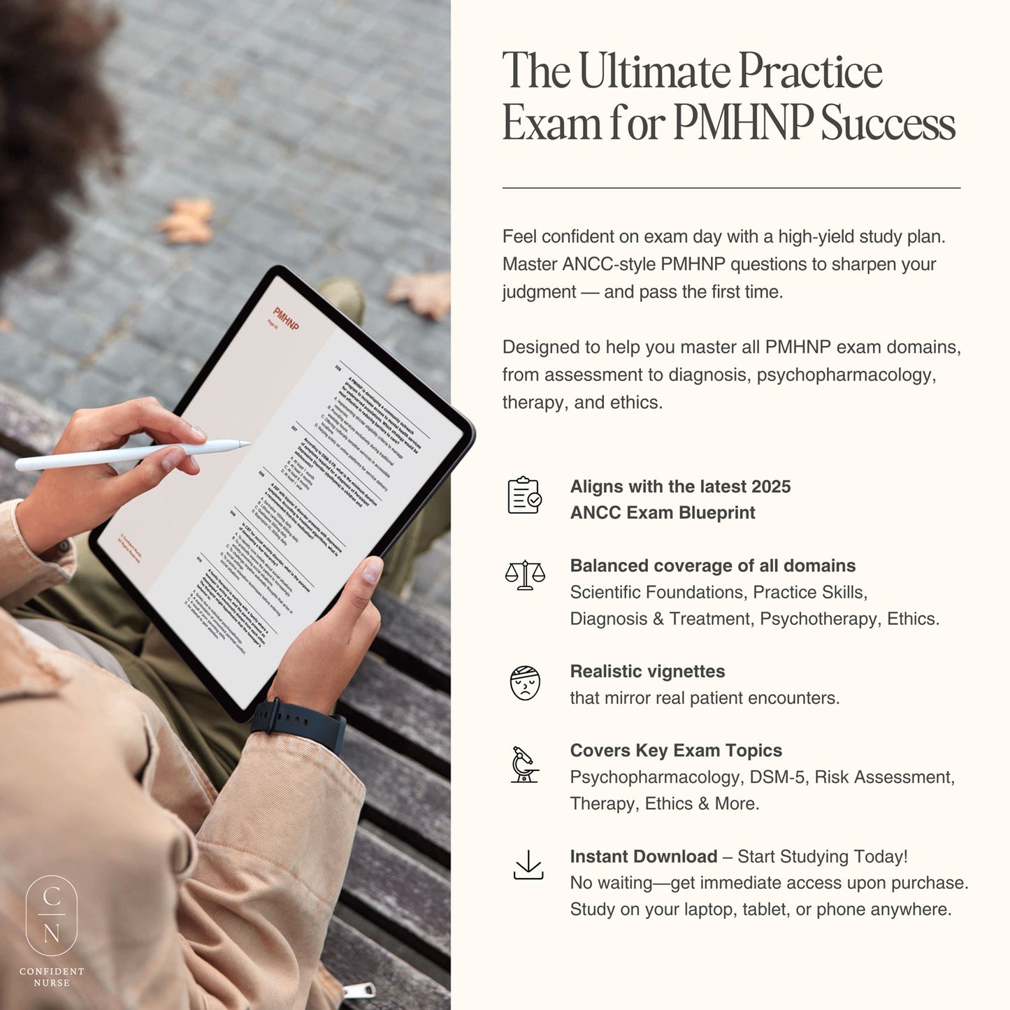 PMHNP study guide tablet preview – ultimate ANCC-style exam prep with 2025 blueprint alignment, realistic clinical vignettes, and instant PDF download. Designed for nurse practitioner board success.