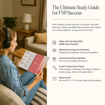 Student using Confident Nurse AANP study guide for FNP success – spiral-bound, 16-topic review aligned with 2025 exam blueprint, including clinical case vignettes.