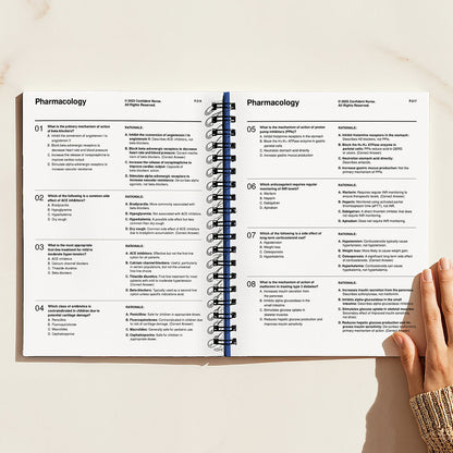 Open page spread of AANP pharmacology practice questions with detailed answer rationales for nurse practitioner board exam prep.