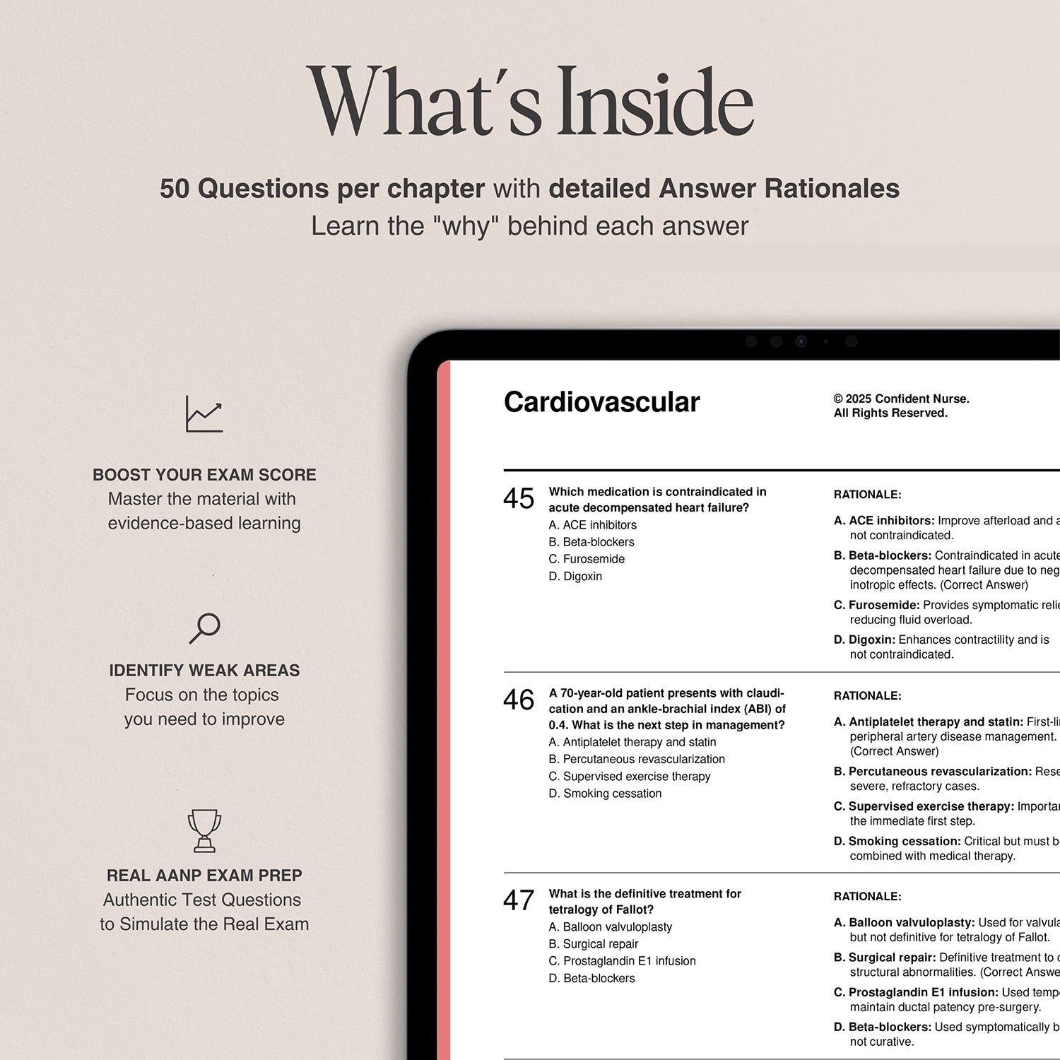 Cardiovascular chapter preview from Confident Nurse AANP study guide – shows sample questions with answer rationales and features like exam prep tips and topic targeting.