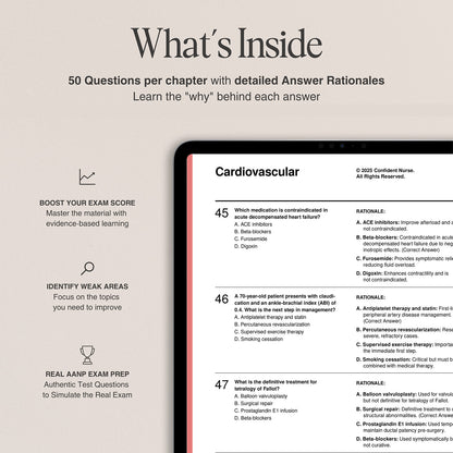 Cardiovascular chapter preview from Confident Nurse AANP study guide – shows sample questions with answer rationales and features like exam prep tips and topic targeting.