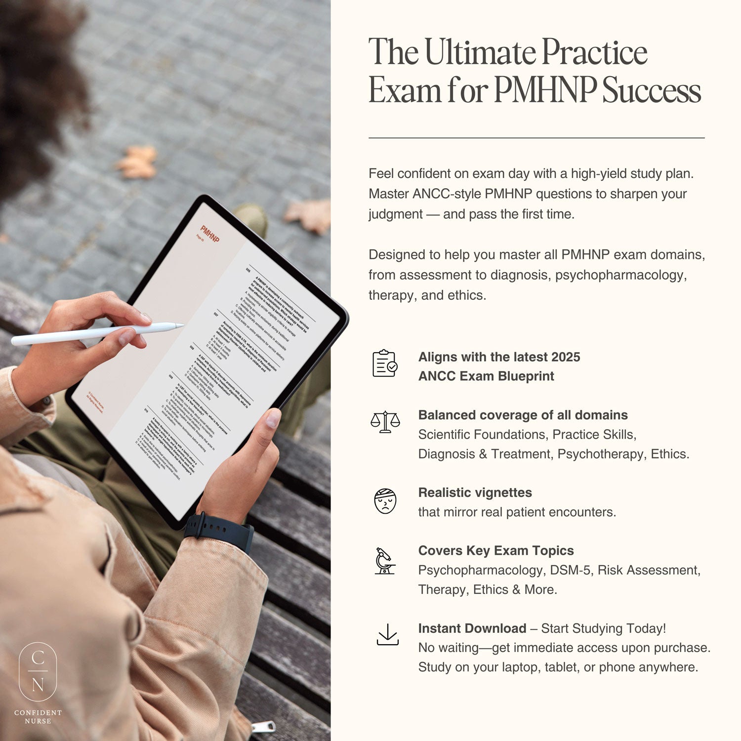 PMHNP study guide tablet preview – ultimate ANCC-style exam prep with 2025 blueprint alignment, realistic clinical vignettes, and instant PDF download. Designed for nurse practitioner board success.
