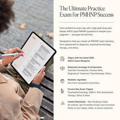 PMHNP study guide tablet preview – ultimate ANCC-style exam prep with 2025 blueprint alignment, realistic clinical vignettes, and instant PDF download. Designed for nurse practitioner board success.